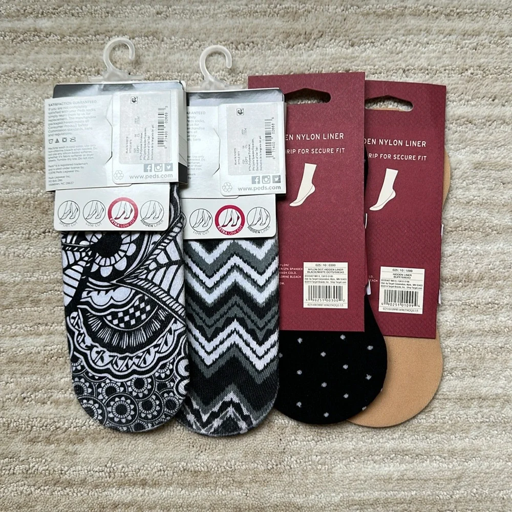 4 Pairs Merona and Peds Hidden Nylon Liner Socks - Black Pattern and Nude